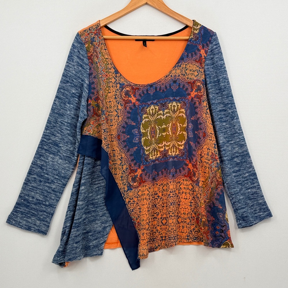 Poeme Citron Mixed Media Top Womens Large Orange Blue Paisley Boho Art to Wear
